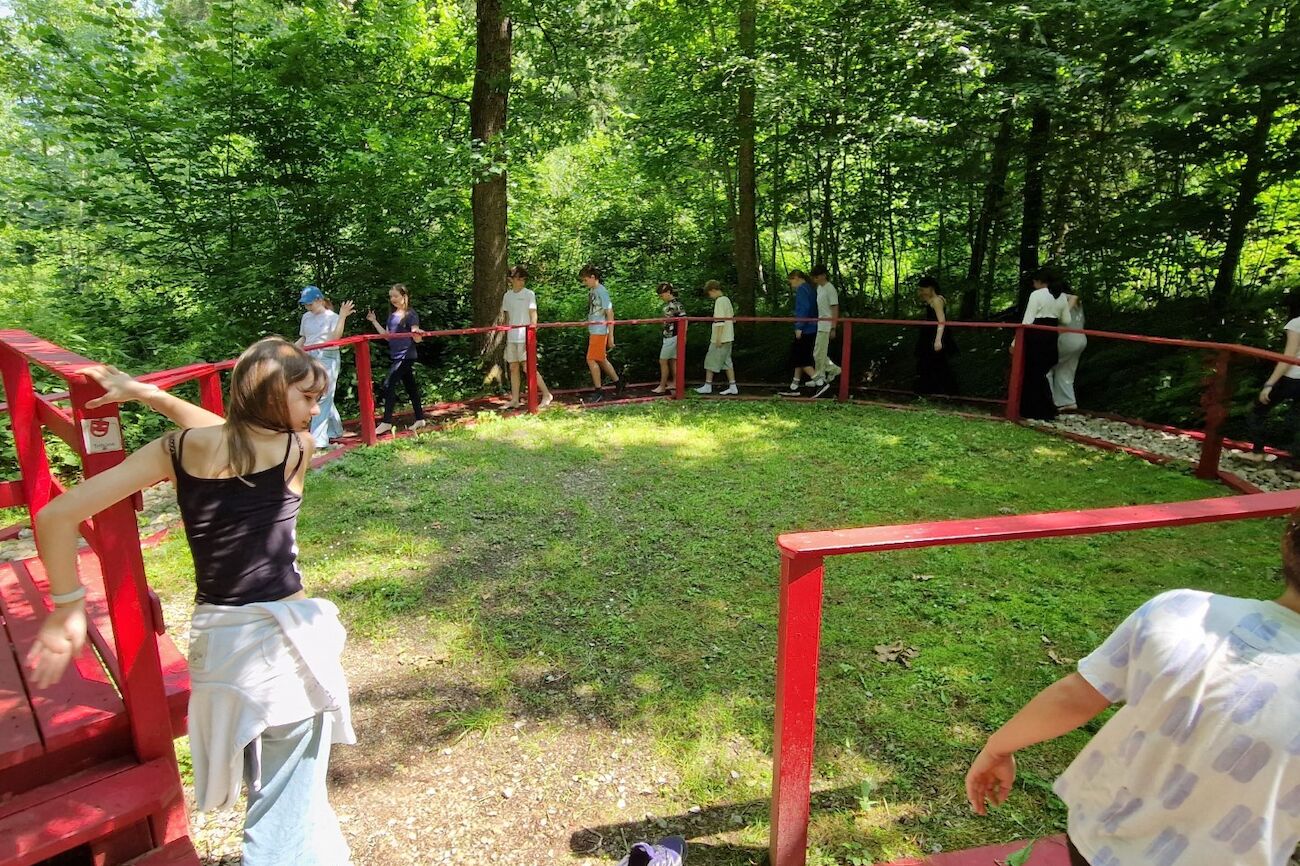 Eine Gruppe von Menschen geht in einem sonnigen Waldgebiet einen rot markierten Weg entlang.